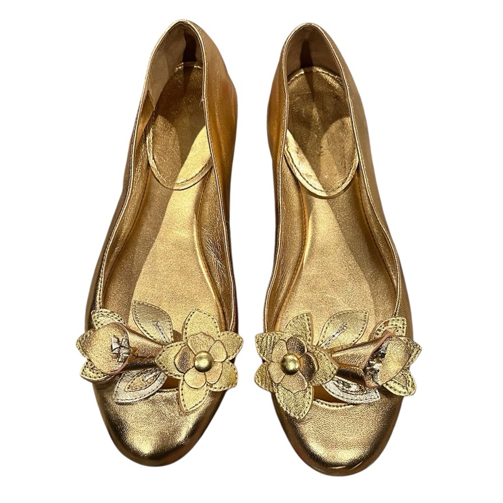 COACH CHRISANN Metallic Goldtone Ballet Flats floral round toe leather 7